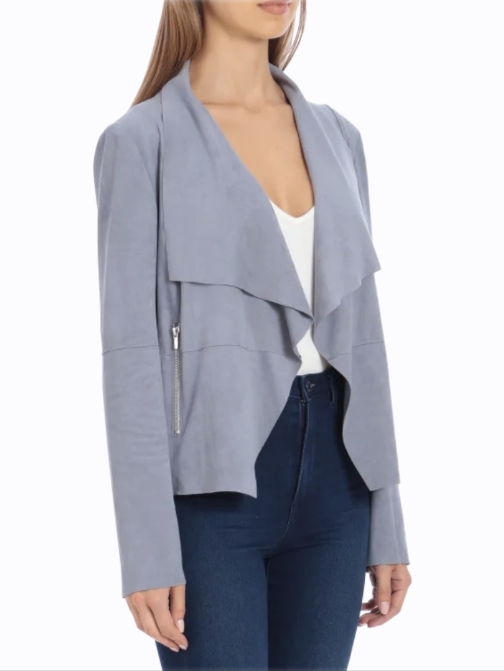NWT Bagatelle Collection Faux-Suede Drape Front Jacket in Stone Blue Size Medium